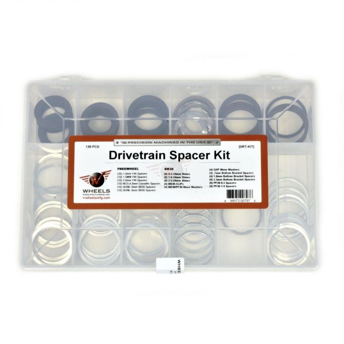 Wheels MFG Drivetrain Spacer Kit Voimansiirrossa tarvittavia spacereita. Lista lisatiedoissa.