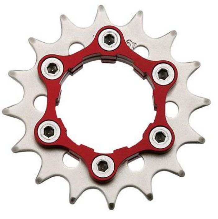 Problem Solvers Singlespeed Cog/Carrier 17t Red Single Speed-ratas Shimano / Sram -vapaarattaisiin. Mukana leveampi tuki