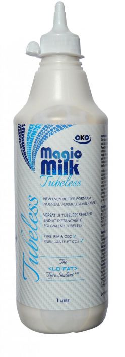OKO Magic Milk 1L New Tubeless-neste. Taysin uudistettu seos. Nyt notkeampana. Paikkaa jopa 6mm reiat. Pysyy renkaassa