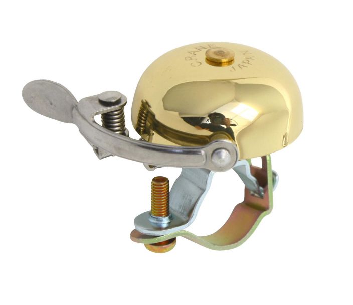 Crane Bell Mini Suzu Steel Band Mount Chrome Gold Brass Laadukas Japanilainen soittokello hienolla metallisella aanella.