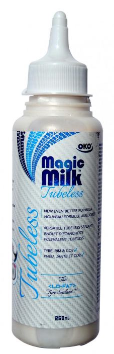 OKO Magic Milk 250ml New Tubeless-neste. Taysin uudistettu seos. Nyt notkeampana. Paikkaa jopa 6mm reiat. Pysyy renkaassa