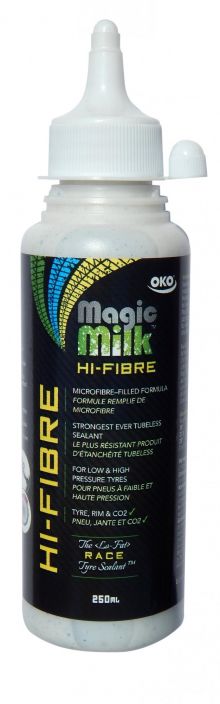 OKO Magic Milk 250ml Hi-Fibre Uusi Hi-Fibre -Tubeless-neste Synteettisen latexin ja kuitujen ansiosta paikkaa nopeammin ja