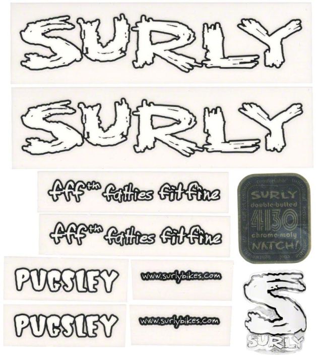 Surly Pugsley Decal Set with Headbadge White Runkotarrasarja Surly Pugsley