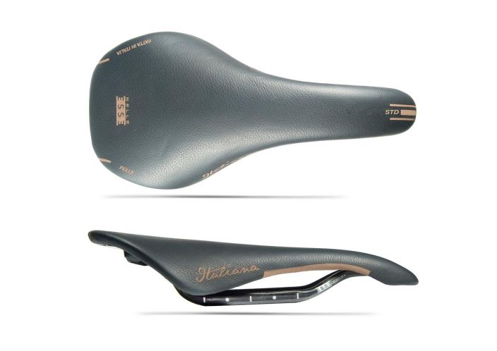 Selle Esse Italiana Carbon Aitoa nahkaa, laadukas Italialainen satula hiilikuitukiskoilla. Kasintehty Paino 165gr Leveys